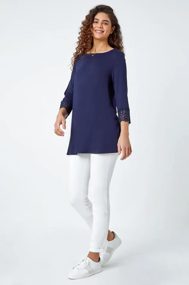 Navy Plain Lace Trim Stretch Top Women Roman Tops