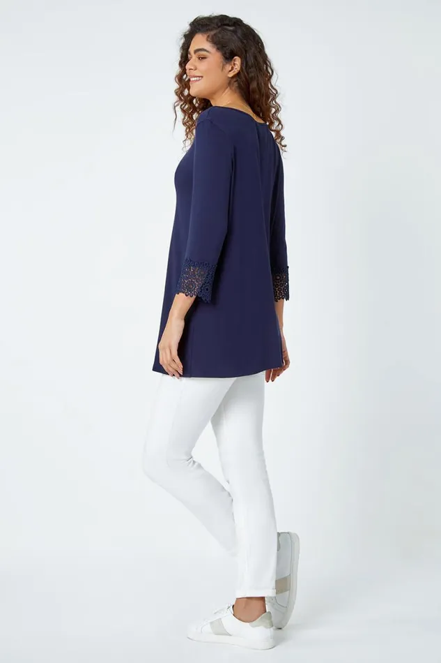 Navy Plain Lace Trim Stretch Top Women Roman Tops