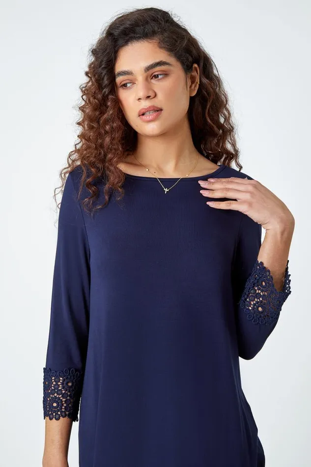 Navy Plain Lace Trim Stretch Top Women Roman Tops