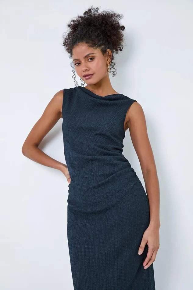 Navy Ruched Cowl Neck Midi Dress Women Roman Dresses