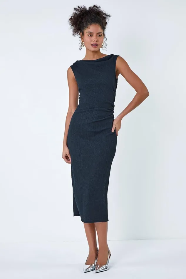 Navy Ruched Cowl Neck Midi Dress Women Roman Dresses