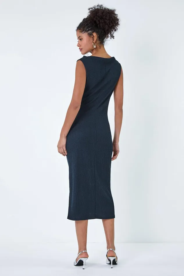 Navy Ruched Cowl Neck Midi Dress Women Roman Dresses