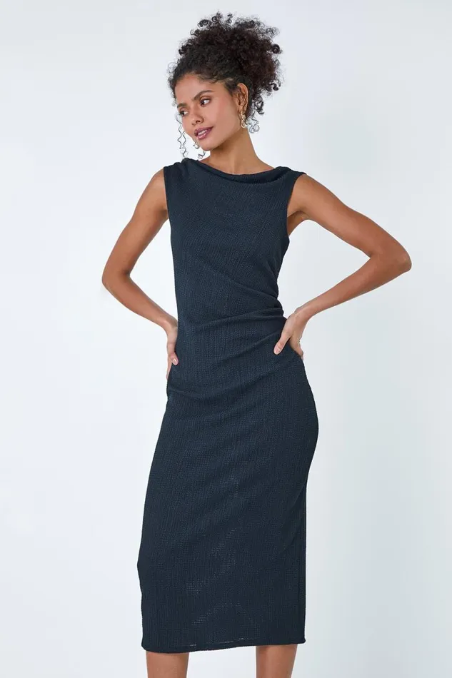 Navy Ruched Cowl Neck Midi Dress Women Roman Dresses