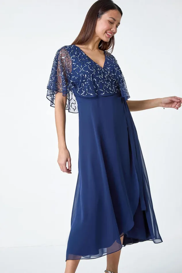 Navy Sequin Embellished Maxi Wrap Dress Women Roman Dresses