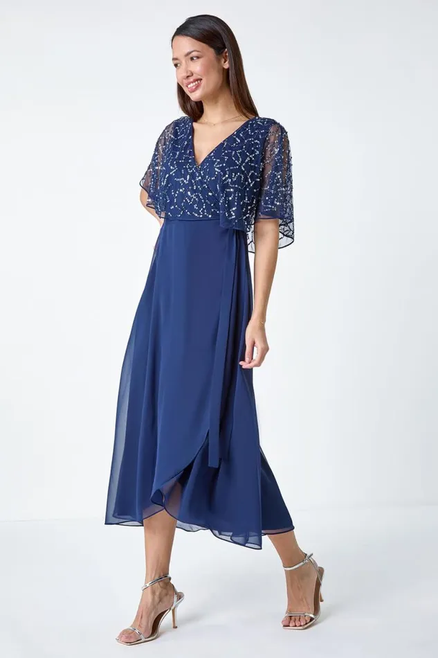 Navy Sequin Embellished Maxi Wrap Dress Women Roman Dresses