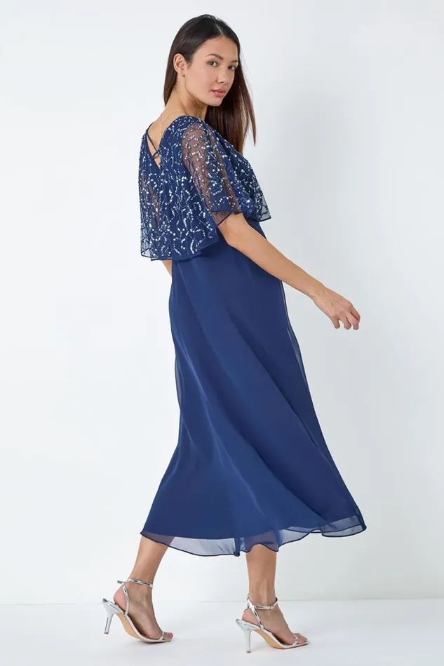 Navy Sequin Embellished Maxi Wrap Dress Women Roman Dresses