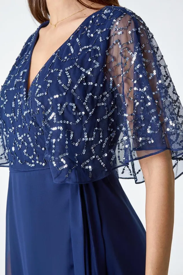 Navy Sequin Embellished Maxi Wrap Dress Women Roman Dresses