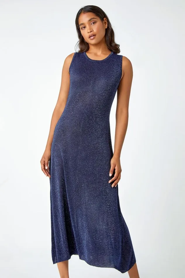 Navy Sleeveless Sparkle Knitted Midi Dress Women Roman Dresses