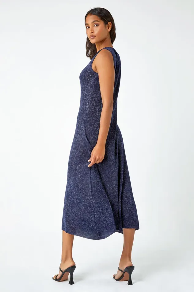 Navy Sleeveless Sparkle Knitted Midi Dress Women Roman Dresses