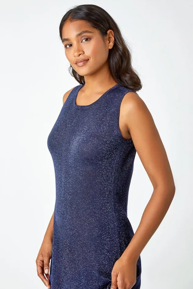 Navy Sleeveless Sparkle Knitted Midi Dress Women Roman Dresses
