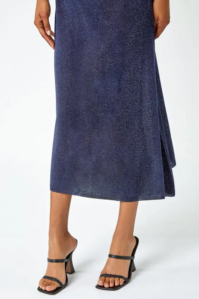 Navy Sleeveless Sparkle Knitted Midi Dress Women Roman Dresses