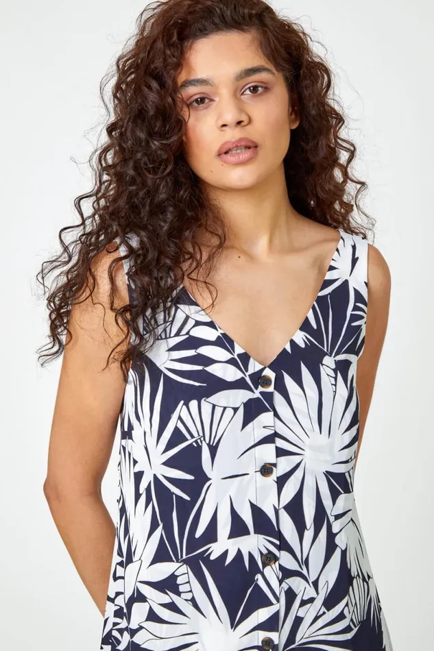 Navy Sleeveless VNeck Palm Print Button Cami Women Roman Tops
