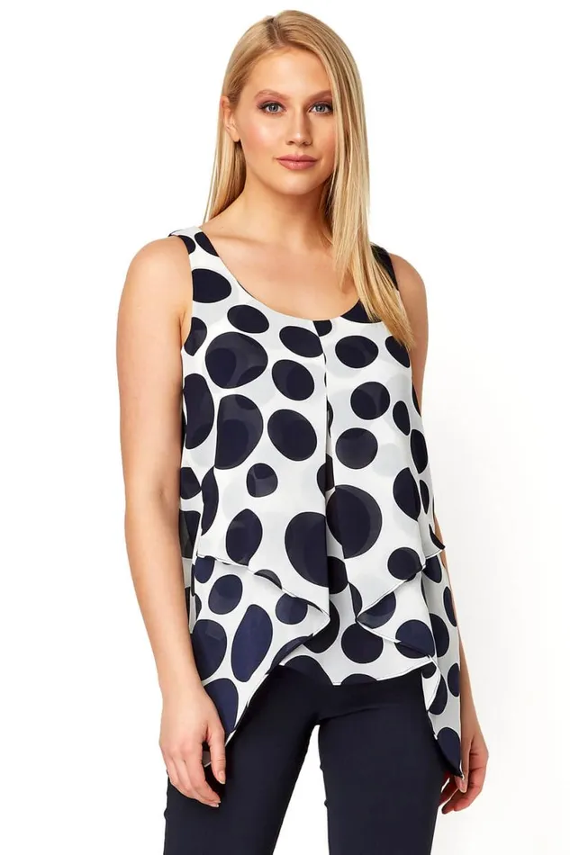 Navy Spot Print Asymmetric Chiffon Top Women Roman Tops