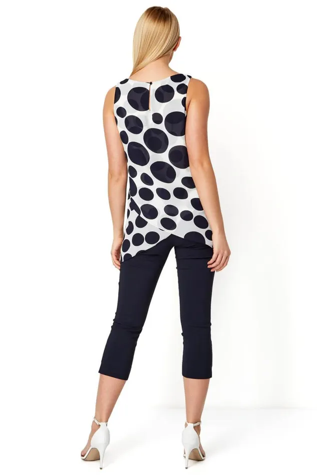 Navy Spot Print Asymmetric Chiffon Top Women Roman Tops