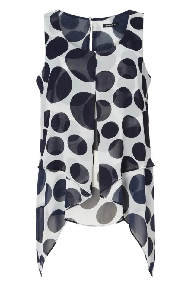 Navy Spot Print Asymmetric Chiffon Top Women Roman Tops