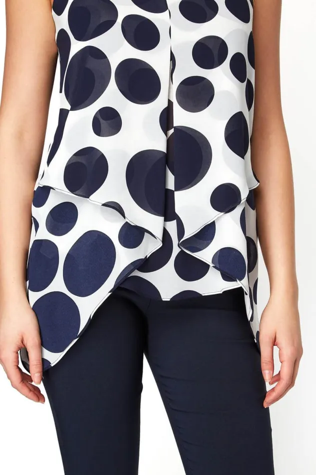 Navy Spot Print Asymmetric Chiffon Top Women Roman Tops