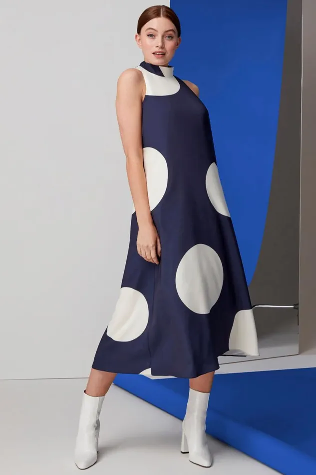 Navy Spot Print High Neck Swing Dress Women Roman Dresses