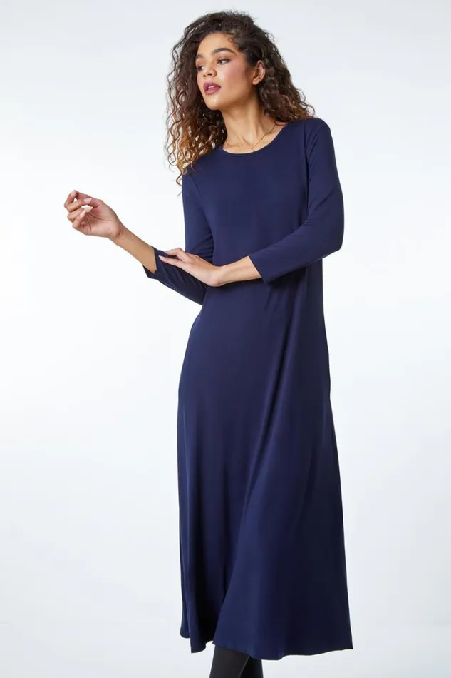 Navy Stretch Pocket Detail Midi Dress Women Roman Dresses