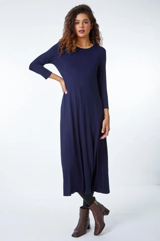 Navy Stretch Pocket Detail Midi Dress Women Roman Dresses