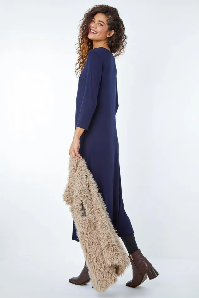 Navy Stretch Pocket Detail Midi Dress Women Roman Dresses