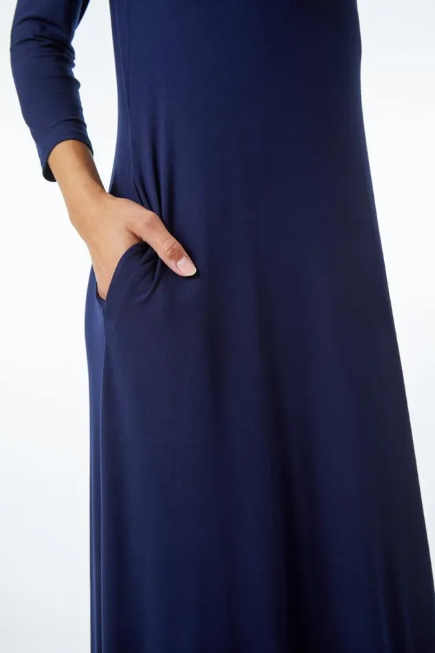 Navy Stretch Pocket Detail Midi Dress Women Roman Dresses