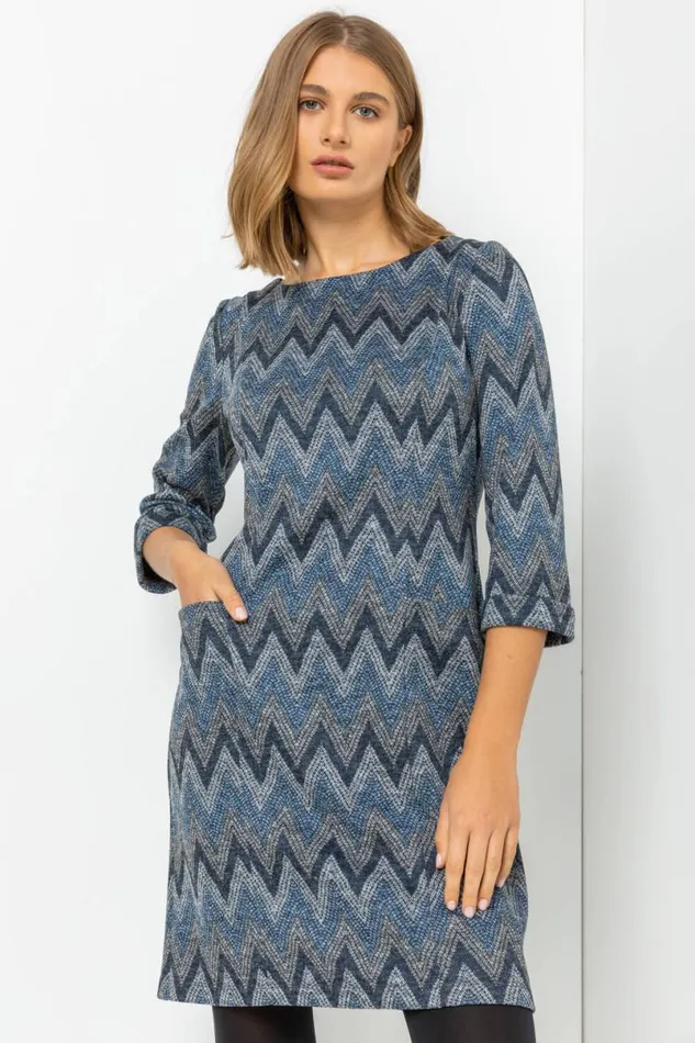 Navy Zig Zag Pocket Shift Dress Women Roman Dresses