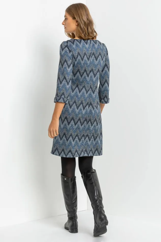 Navy Zig Zag Pocket Shift Dress Women Roman Dresses