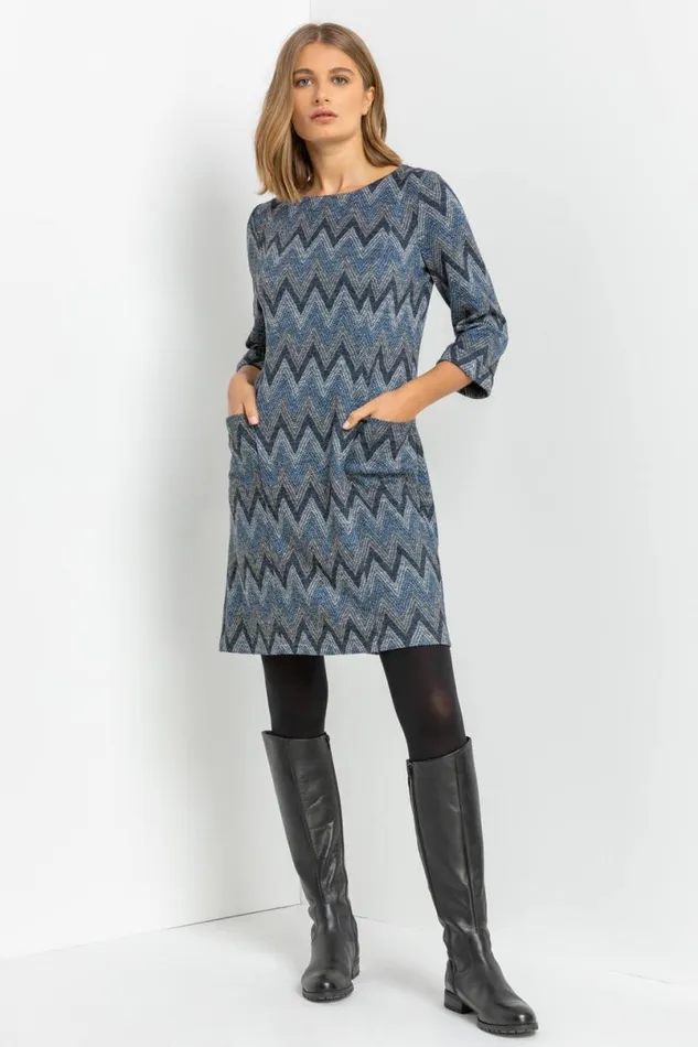 Navy Zig Zag Pocket Shift Dress Women Roman Dresses