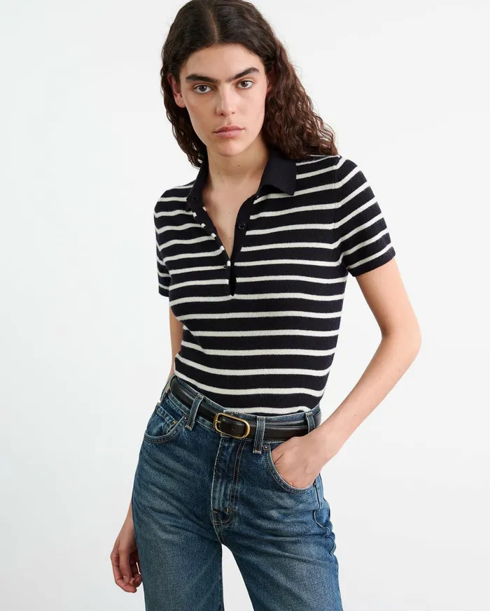 Nili Lotan LEANNA CASHMERE POLO Dark Navyivory Stripe Women Knits and Sweaters