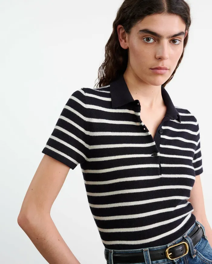 Nili Lotan LEANNA CASHMERE POLO Dark Navyivory Stripe Women Knits and Sweaters