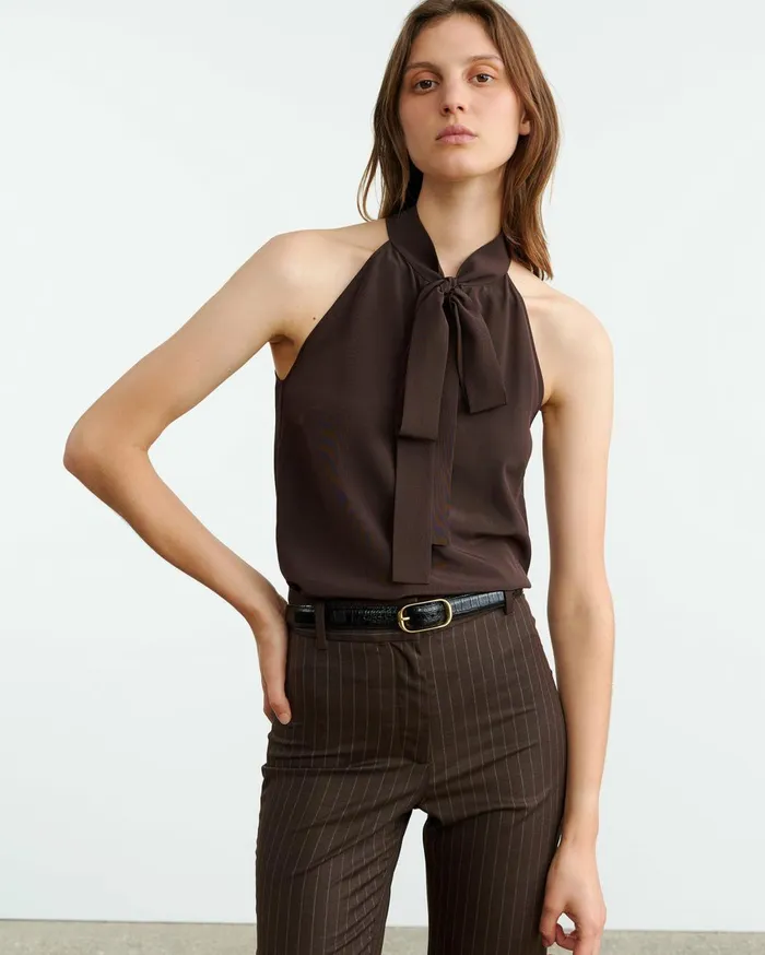 Nili Lotan ZELIE SILK HALTER Dark Brown Women Tops
