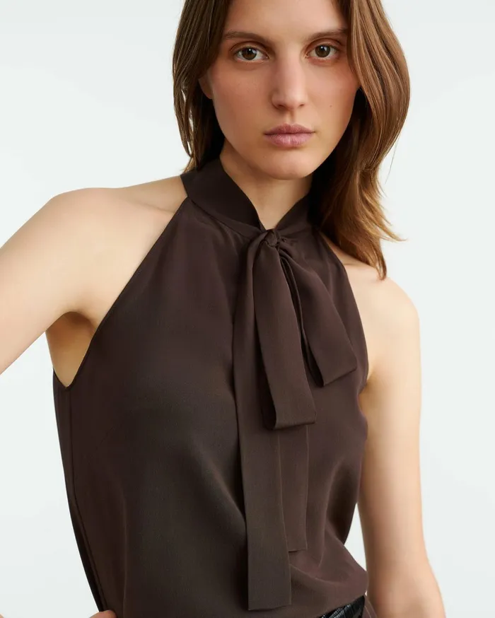 Nili Lotan ZELIE SILK HALTER Dark Brown Women Tops