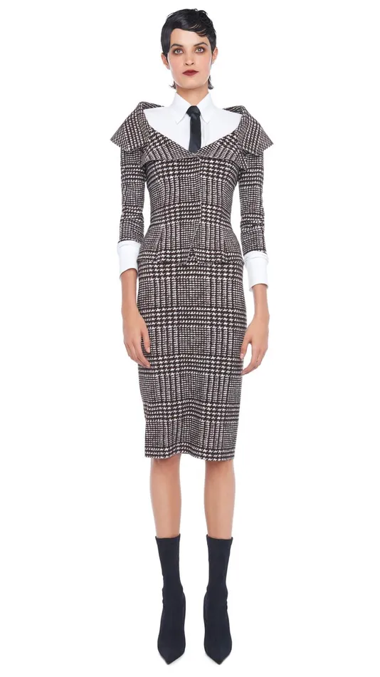 Norma Kamali Bottoms STRAIGHT SKIRT Chocolate Glenn Plaid Tweed 8211 Clothing