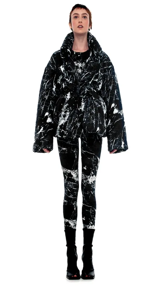 Norma Kamali Coats SLEEPING BAG JACKET Black Marble 8211 Clothing