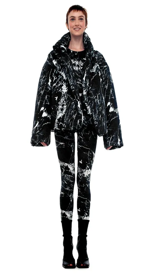 Norma Kamali Coats SLEEPING BAG JACKET Black Marble 8211 Clothing