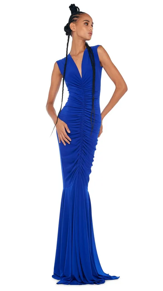 Norma Kamali Dresses DEEP V NECK SHIRRED FISHTAIL GOWN Electric Blue 8211 Clothing Norma Kamali Dresses DEEP V NECK SHIRRED FISHTAIL GOWN Electric Blue 8211 Clothing