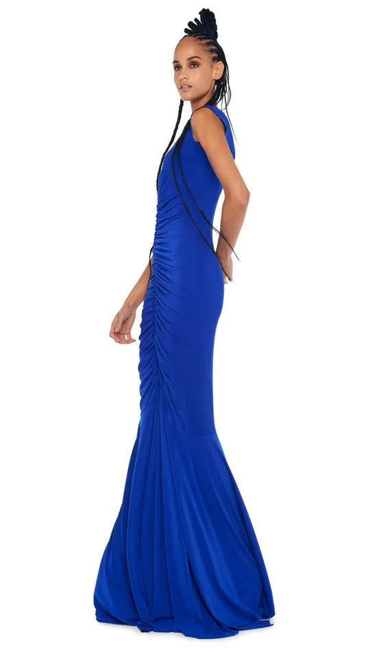 Norma Kamali Dresses DEEP V NECK SHIRRED FISHTAIL GOWN Electric Blue 8211 Clothing