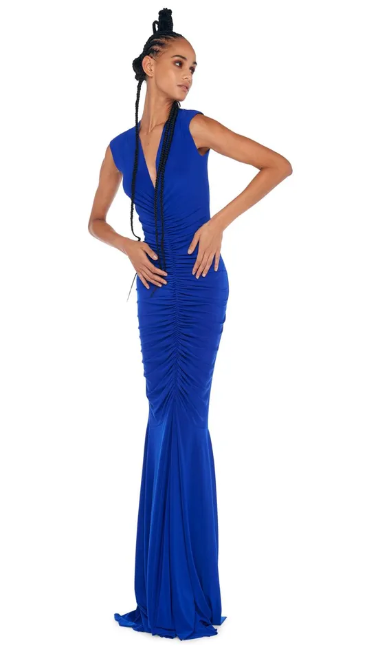 Norma Kamali Dresses DEEP V NECK SHIRRED FISHTAIL GOWN Electric Blue 8211 Clothing