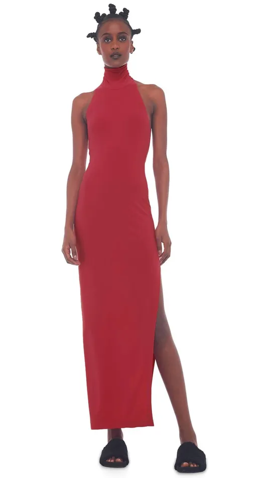 Norma Kamali Dresses HALTER TURTLE SIDE SLIT GOWN Red 8211 Clothing