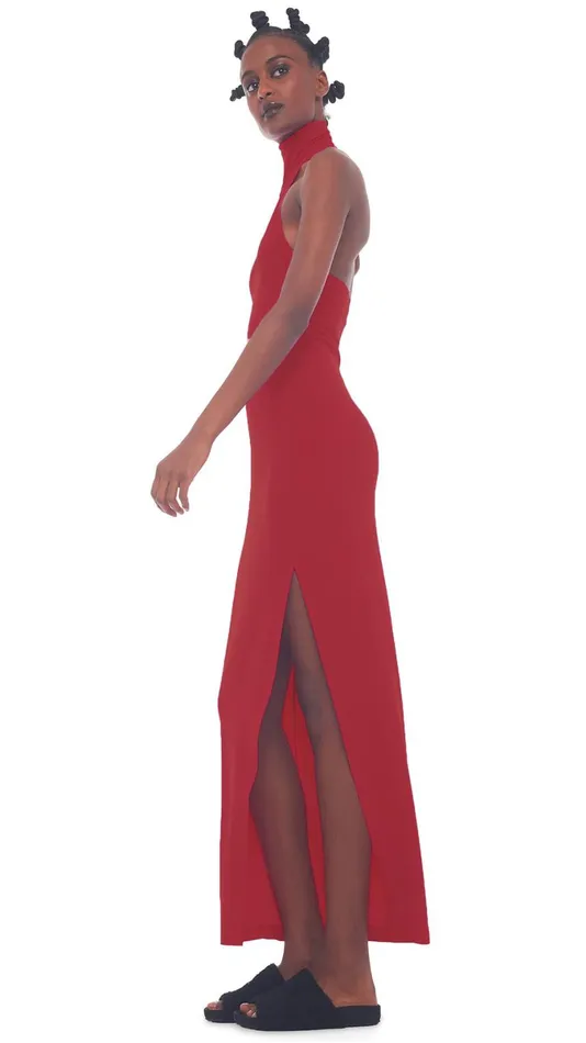 Norma Kamali Dresses HALTER TURTLE SIDE SLIT GOWN Red 8211 Clothing