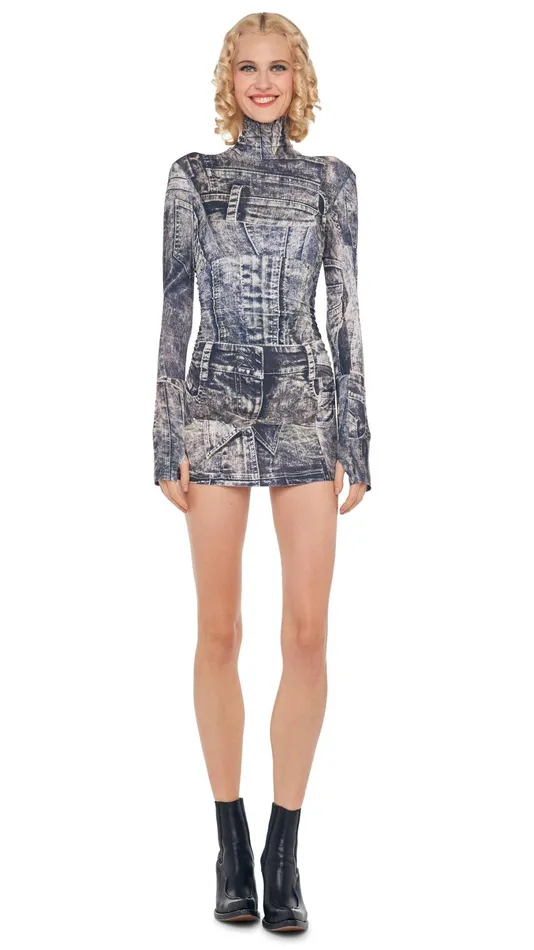 Norma Kamali Dresses LS TURTLENECK PICKLEBALL DRESS Blacknavy Denim Print 8211 Clothing Norma Kamali Dresses LS TURTLENECK PICKLEBALL DRESS Blacknavy Denim Print 8211 Clothing