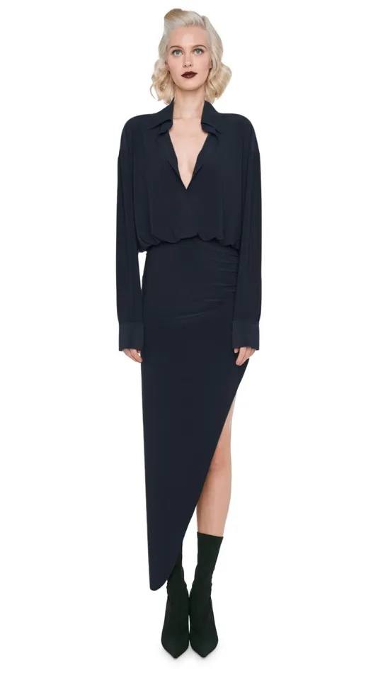 Norma Kamali Dresses OS BF NK SHIRT SIDE DRAPE GOWN Black 8211 Clothing