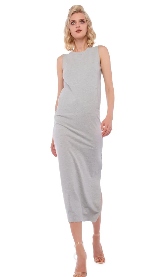 Norma Kamali Dresses SLEEVELESS SIDE SLIT GOWN Light Heather Grey 8211 Clothing Norma Kamali Dresses SLEEVELESS SIDE SLIT GOWN Light Heather Grey 8211 Clothing