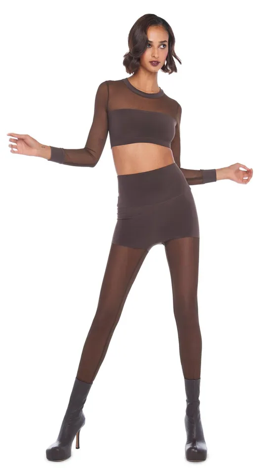 Norma Kamali Tops CREWNECK BANDED MIDRIFF TOP Chocolatechocolate Mesh 8211 Clothing