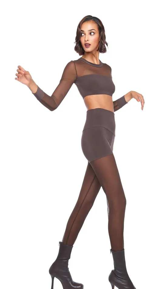 Norma Kamali Tops CREWNECK BANDED MIDRIFF TOP Chocolatechocolate Mesh 8211 Clothing