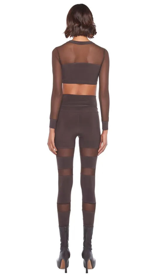 Norma Kamali Tops CREWNECK BANDED MIDRIFF TOP Chocolatechocolate Mesh 8211 Clothing