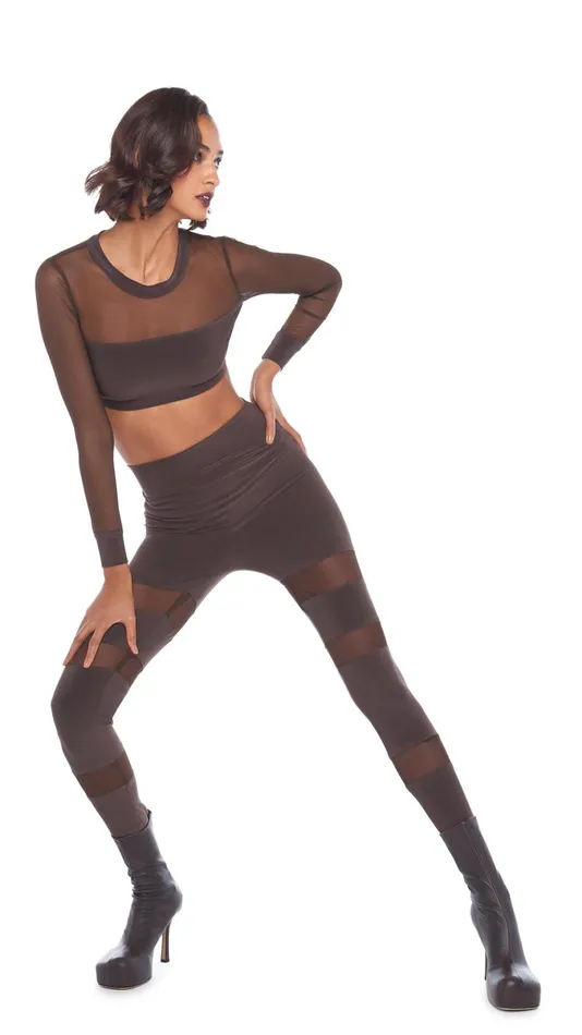 Norma Kamali Tops CREWNECK BANDED MIDRIFF TOP Chocolatechocolate Mesh 8211 Clothing
