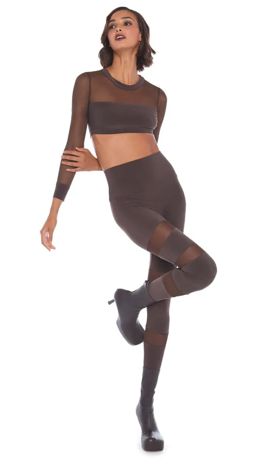 Norma Kamali Tops CREWNECK BANDED MIDRIFF TOP Chocolatechocolate Mesh 8211 Clothing