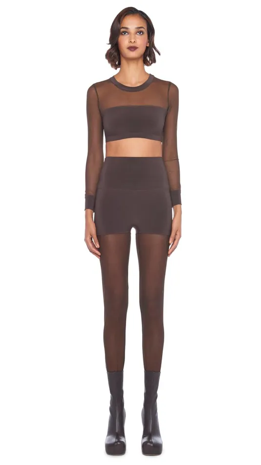 Norma Kamali Tops CREWNECK BANDED MIDRIFF TOP Chocolatechocolate Mesh 8211 Clothing