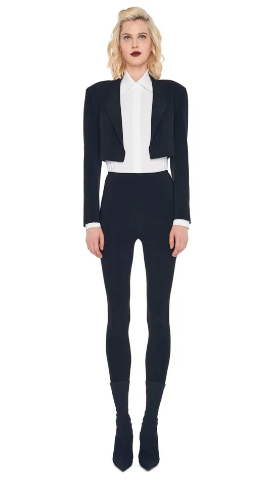 Norma Kamali Wardrobe LEGGING W FOOTIE WO WAISTBAND With CROPPED SINGLE BREASTED JACKET 8211 Clothing Norma Kamali Wardrobe LEGGING W FOOTIE WO WAISTBAND With CROPPED SINGLE BREASTED JACKET 8211 Clothing